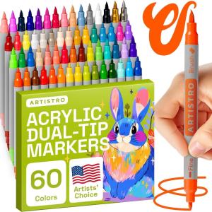 imageARTISTRO Dual Tip Acrylic Paint Markers  Easy for All Ages ampamp Levels Acrylic Paint Pens for Fabric Rocks Paper Wood Canvas Glass DIY Dual Tip Brush  Fine 60