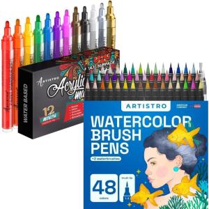 imageARTISTRO Watercolor Brush Pens 48 Colors Set  2 Water Brush Pens with 12 Set Acrylic Paint Pens Medium Tip