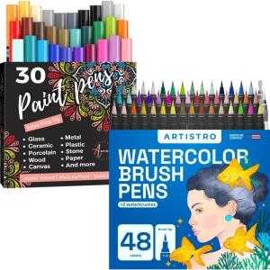 imageARTISTRO Watercolor Brush Pens 48 Colors Set  2 Water Brush Pens with 30 Acrylic Paint Markers Extra Fine Tip 07mm