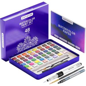 imageARTISTRO Metallic Watercolor Paint Set 12 Colors Travel Watercolor with Metallic Watercolor Paints Water Color Paint Sets for Kids Mini Water Colors Paint Adult Set for Beginners and Amateurs48 pcs Premium Home