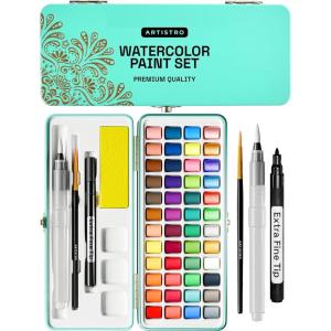 imageARTISTRO Metallic Watercolor Paint Set 12 Colors Travel Watercolor with Metallic Watercolor Paints Water Color Paint Sets for Kids Mini Water Colors Paint Adult Set for Beginners and Amateurs48 pcs Portable Travel