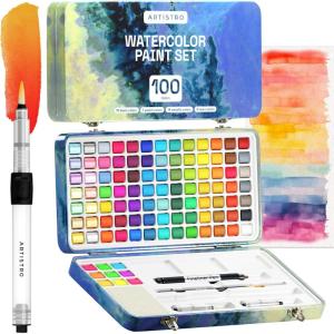 imageARTISTRO Metallic Watercolor Paint Set 12 Colors Travel Watercolor with Metallic Watercolor Paints Water Color Paint Sets for Kids Mini Water Colors Paint Adult Set for Beginners and AmateursPaint Set 100
