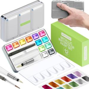 imageARTISTRO Metallic Watercolor Paint Set 12 Colors Travel Watercolor with Metallic Watercolor Paints Water Color Paint Sets for Kids Mini Water Colors Paint Adult Set for Beginners and AmateursWatercolor Travel 12 Metallic