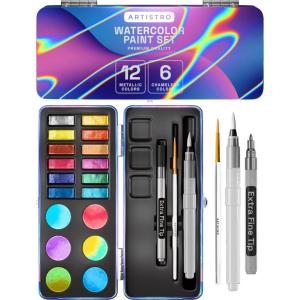 imageARTISTRO Metallic Watercolor Paint Set 12 Colors Travel Watercolor with Metallic Watercolor Paints Water Color Paint Sets for Kids Mini Water Colors Paint Adult Set for Beginners and AmateursWatercolor Metallic Chameleon