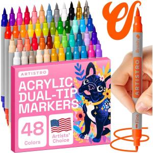 imageARTISTRO Dual Tip Acrylic Paint Markers  Easy for All Ages ampamp Levels Acrylic Paint Pens for Fabric Rocks Paper Wood Canvas Glass DIY Dual Tip Brush  Fine 48