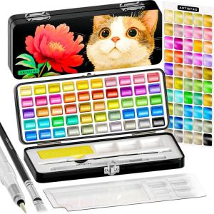 imageARTISTRO 50 Watercolor Paint Set Vivid Colors in Portable Box Palette set Perfect Travel Watercolor Set for Artists Amateur Hobbyists and Painting50 Metallic Watercolor Paint Set
