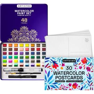 imageARTISTRO Watercolor Paint Set 48 Vivid Colors and 30 Watercolor Postcards 4x6 Inches  Heavyweight Paper Cards 140lb 300gsm