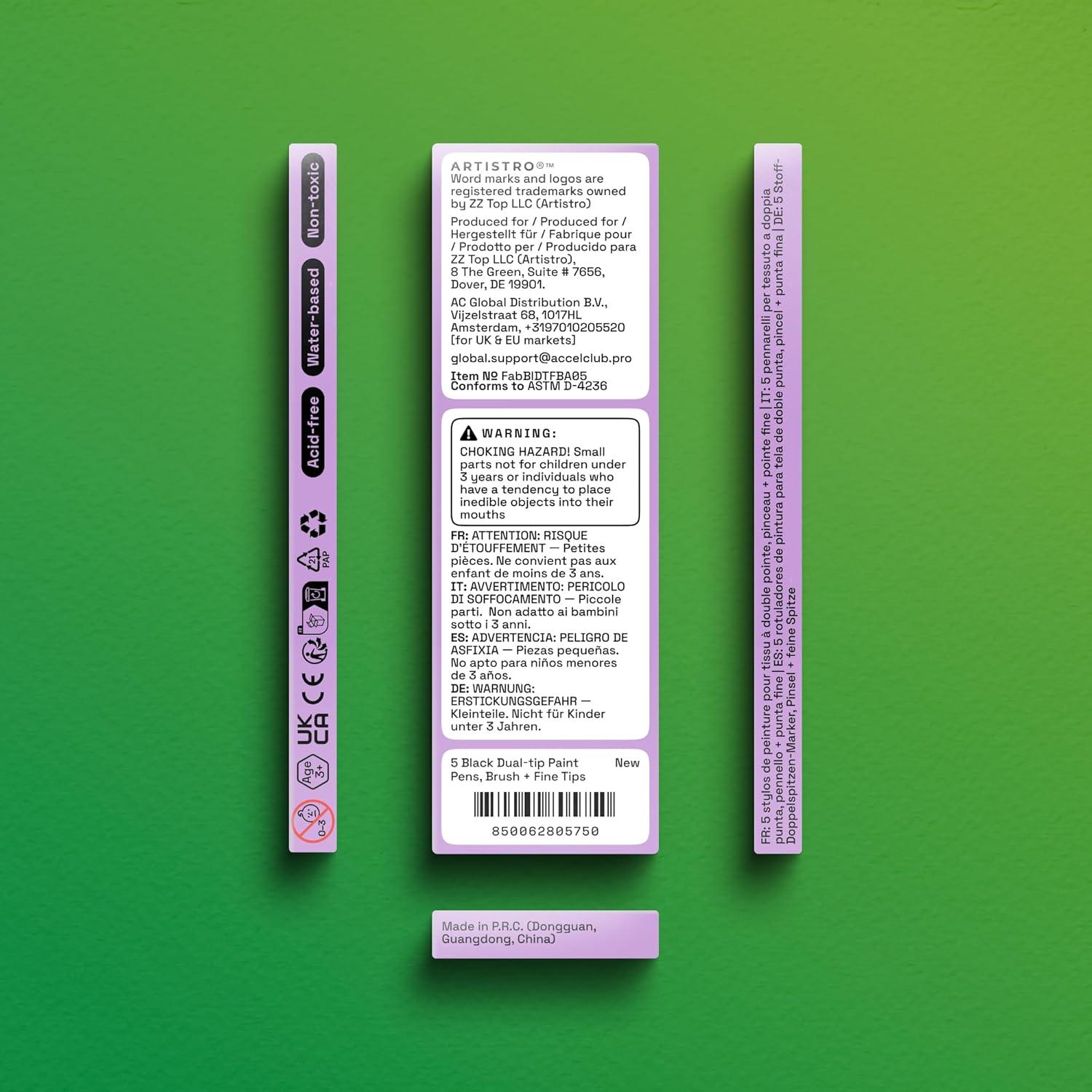 imageARTISTRO 5 Black DualTip Fabric Markers  Fabric Decorating Kit  Permanent for Clothes  No Bleed Pens for TShirts Bags Textile Canvas and More Brush Tip and Fine Tip