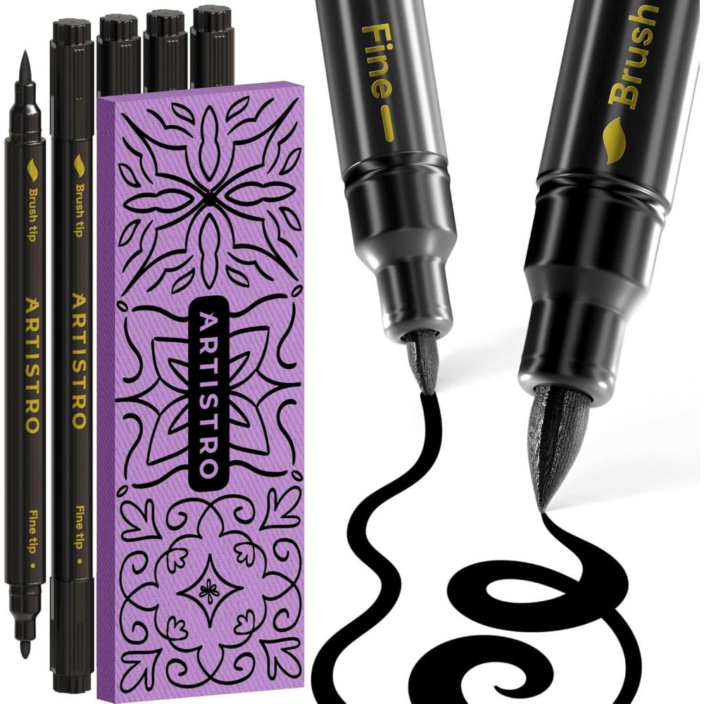 imageARTISTRO 5 Black DualTip Fabric Markers  Fabric Decorating Kit  Permanent for Clothes  No Bleed Pens for TShirts Bags Textile Canvas and More Brush Tip and Fine Tip