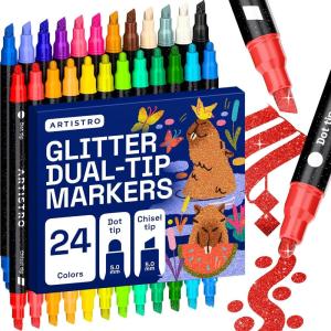 imageARTISTRO 24 Shimmering Glitter DualTip Paint Pens  Sparkly Markers with Acrylic Ink for Rock Ceramic Wood Fabric ampamp More  Dot  Chisel Tips