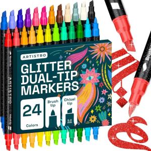 imageARTISTRO 24 Sparkly Glitter DualTip Paint Pens  Dazzling Markers with Acrylic Ink for Rock Ceramic Wood Fabric ampamp More  Brush  Chisel Tips