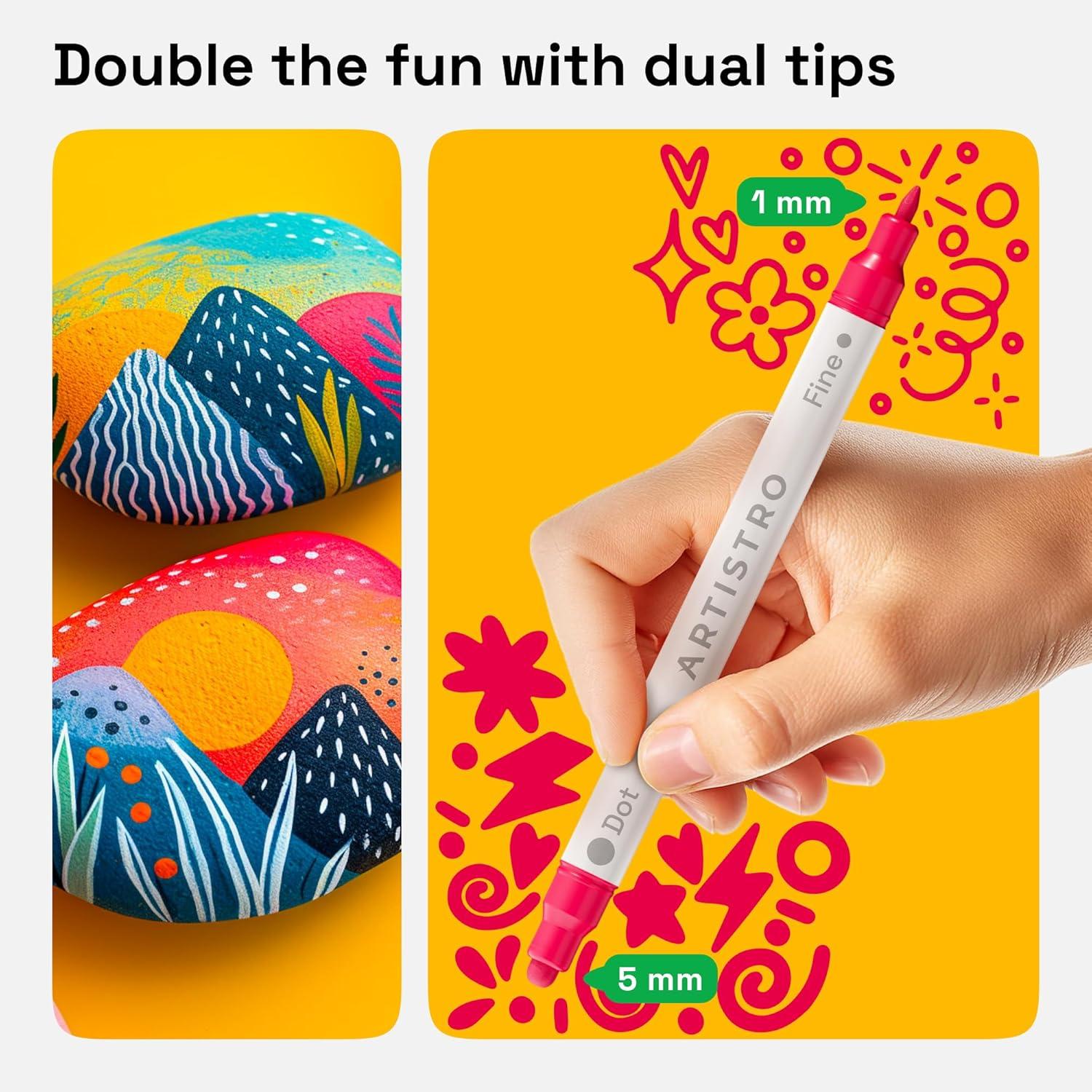 imageARTISTRO 48 Colors Acrylic Paint Pens Dual Tip Art Set Fine 1mm  Dot 5mm for Fabric Canvas Rock Glass Wood Paper DIY for Kids and Adults