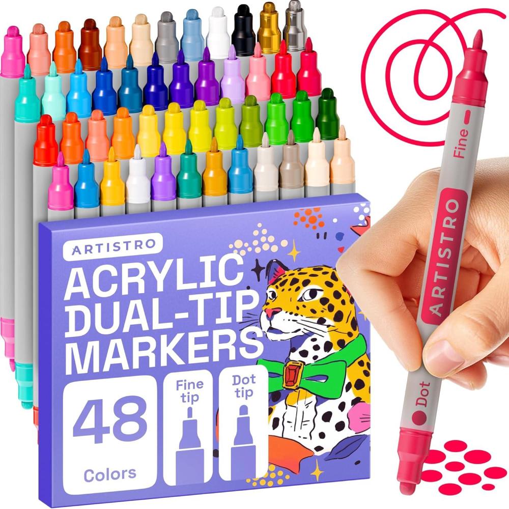 imageARTISTRO 48 Colors Acrylic Paint Pens Dual Tip Art Set Fine 1mm  Dot 5mm for Fabric Canvas Rock Glass Wood Paper DIY for Kids and Adults