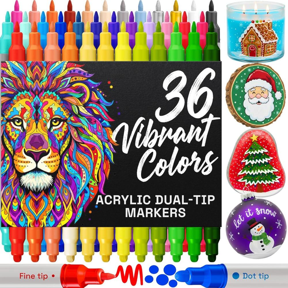 imageARTISTRO 36 Acrylic Paint Markers for Rock Fabric Wood Glass Craft Decoration  DualTip Paint Pens  Stocking Stuffers Christmas Gift Idea for Teens Grandkids Kids  Art Supplies
