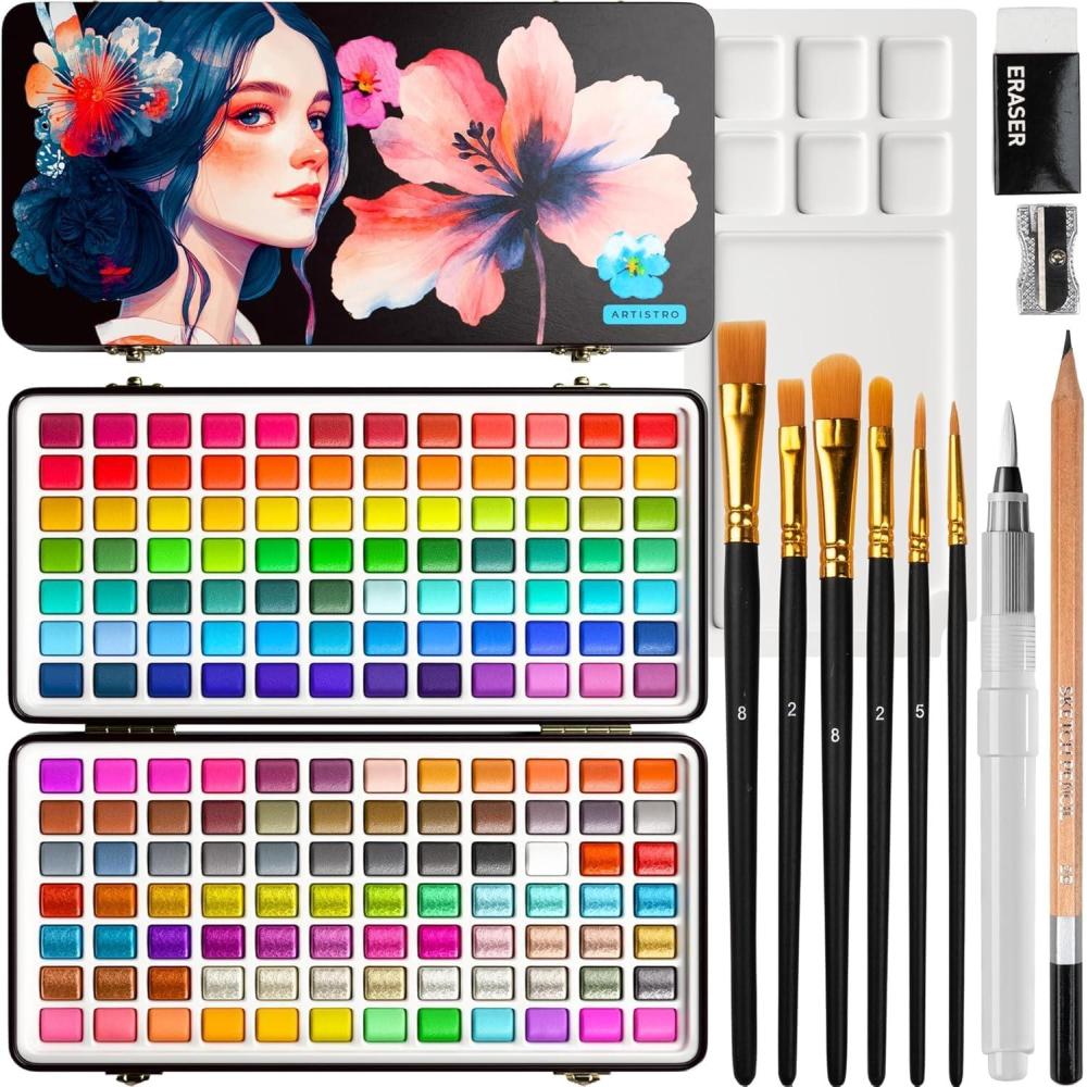 imageARTISTRO Deluxe Watercolor Paint Set with 168 Colors  Vivid Colors in a Portable Box  Travel Watercolor Set with Complete Palette