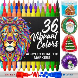 imageARTISTRO 36 Acrylic Paint Markers for Rock Fabric Wood Glass Craft Decoration  DualTip Paint Pens  Stocking Stuffers Christmas Gift Idea for Teens Grandkids Kids  Art Supplies