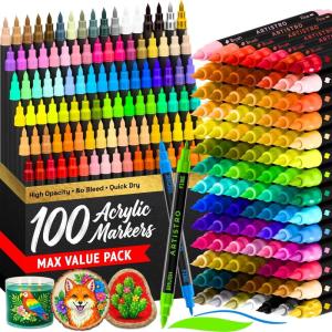 imageARTISTRO 100 Dual Tip Acrylic Paint Markers Paint Pens Drawing Markers for Textile Rock Glass Wood Paper Ceramic Canvas DIY  Art Supplies Kit for Kids and Adults Brush  Fine