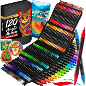imageARTISTRO 120 DualTip Acrylic Paint Pens With Storage Bag for Calligraphy  Markers With Brush  Fine Precision Tips  Multisurface Painting for Fabric Rock Glass Wood amp More