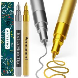 imageARTISTRO 2 Gold amp Silver Permanent Marker  Waterproof Markers for Tire Fabric Rocks Glass Ceramic Wood Paper  Oil Based Paint Pens  ExtraFine Tip 07mm