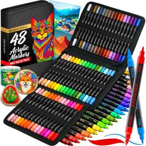 imageARTISTRO 48 DualTip Acrylic Paint Pens With Storage Bag for Calligraphy  Markers With Brush  Fine Precision Tips  Multisurface Painting for Fabric Rock Glass Wood amp More