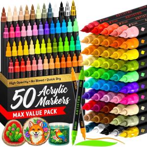 imageARTISTRO 50 Dual Tip Acrylic Paint Markers Paint Pens Drawing Markers for Textile Rock Glass Wood Paper Ceramic Canvas DIY  Art Supplies Kit for Kids and Adults Brush  Fine