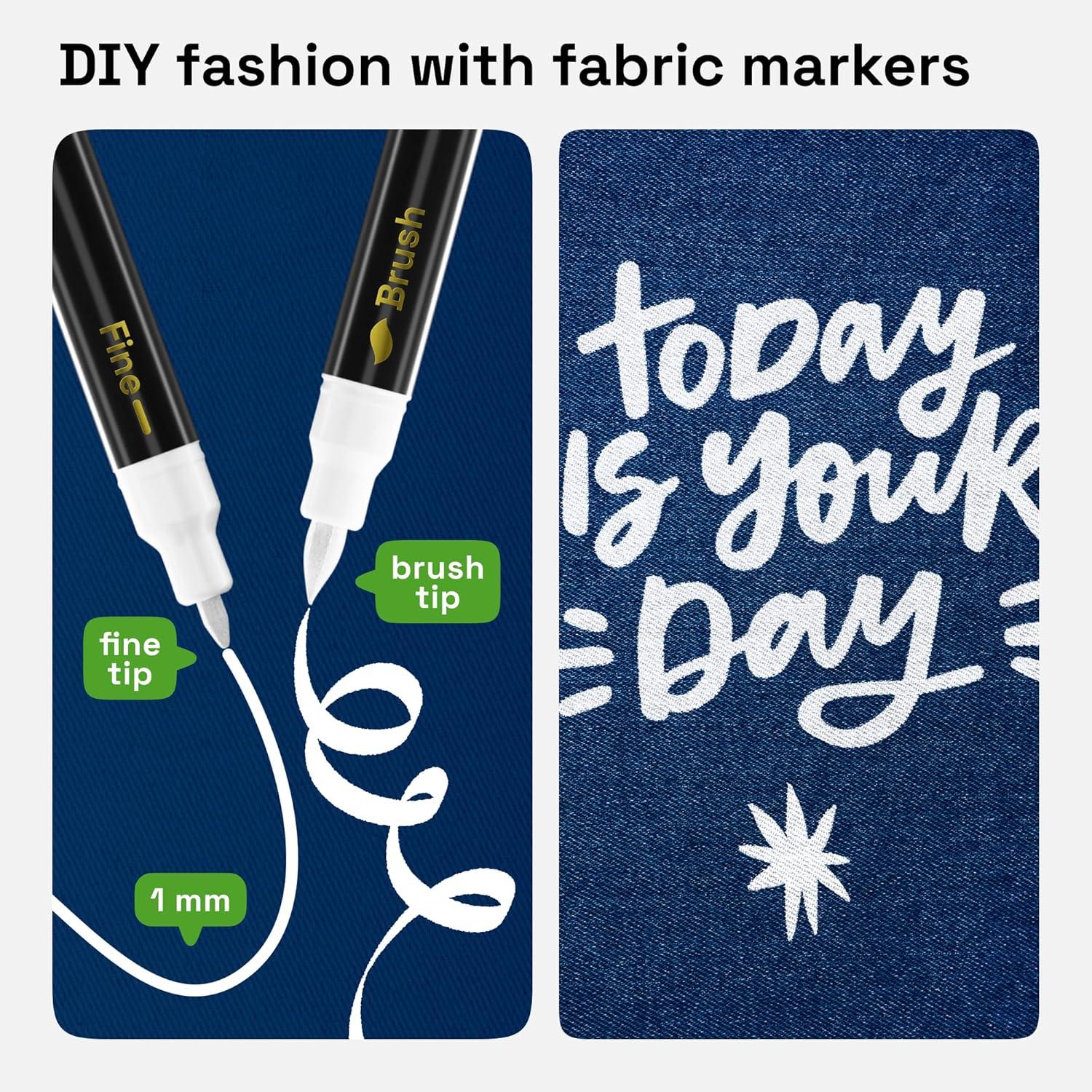 imageARTISTRO 2 White DualTip Fabric Markers  Fabric Decorating Kit  Permanent for Clothes  Acrylic Paint Pens for Sneakers Bags Shoes Textile Canvas Sewing Craft DIY  Brush and Fine Tip2