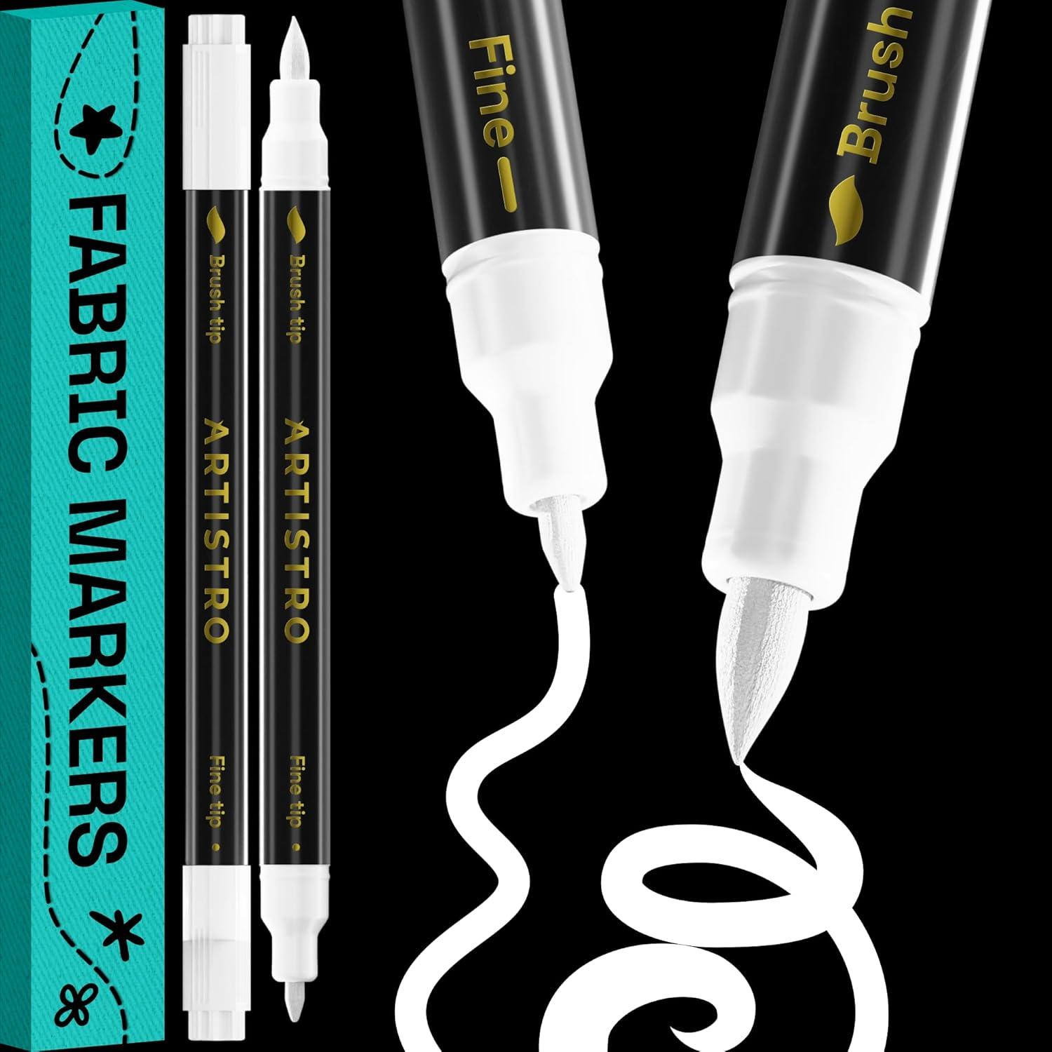 imageARTISTRO 2 White DualTip Fabric Markers  Fabric Decorating Kit  Permanent for Clothes  Acrylic Paint Pens for Sneakers Bags Shoes Textile Canvas Sewing Craft DIY  Brush and Fine Tip2