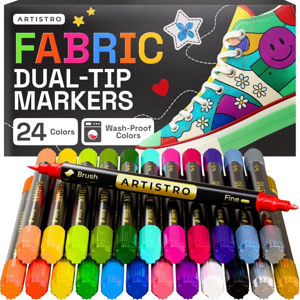 imageARTISTRO 2 White DualTip Fabric Markers  Fabric Decorating Kit  Permanent for Clothes  Acrylic Paint Pens for Sneakers Bags Shoes Textile Canvas Sewing Craft DIY  Brush and Fine Tip24