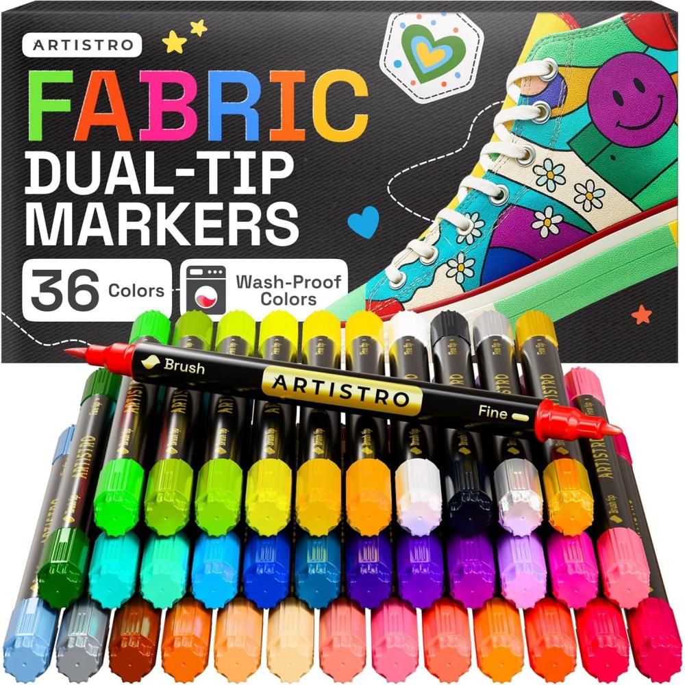 imageARTISTRO 2 White DualTip Fabric Markers  Fabric Decorating Kit  Permanent for Clothes  Acrylic Paint Pens for Sneakers Bags Shoes Textile Canvas Sewing Craft DIY  Brush and Fine Tip36