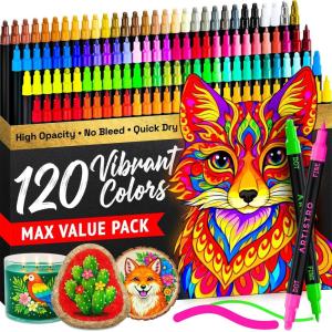 imageARTISTRO 120 Acrylic Paint Markers for Rock Fabric Wood Glass Decoration  DualTip Paint Pens for Coloring Books for Adults Teens Kids  Art and Craft Supplies Kit  Gift Idea