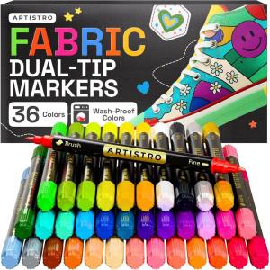 imageARTISTRO 2 White DualTip Fabric Markers  Fabric Decorating Kit  Permanent for Clothes  Acrylic Paint Pens for Sneakers Bags Shoes Textile Canvas Sewing Craft DIY  Brush and Fine Tip36