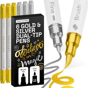 imageARTISTRO Acrylic Paint Pens  Dual Tip Markers  Brush amp Fine Tip Paint Pens for Calligraphy Crafts Greeting Cards Ornament Decor DIY Art BlackampWhiteGoldSilver