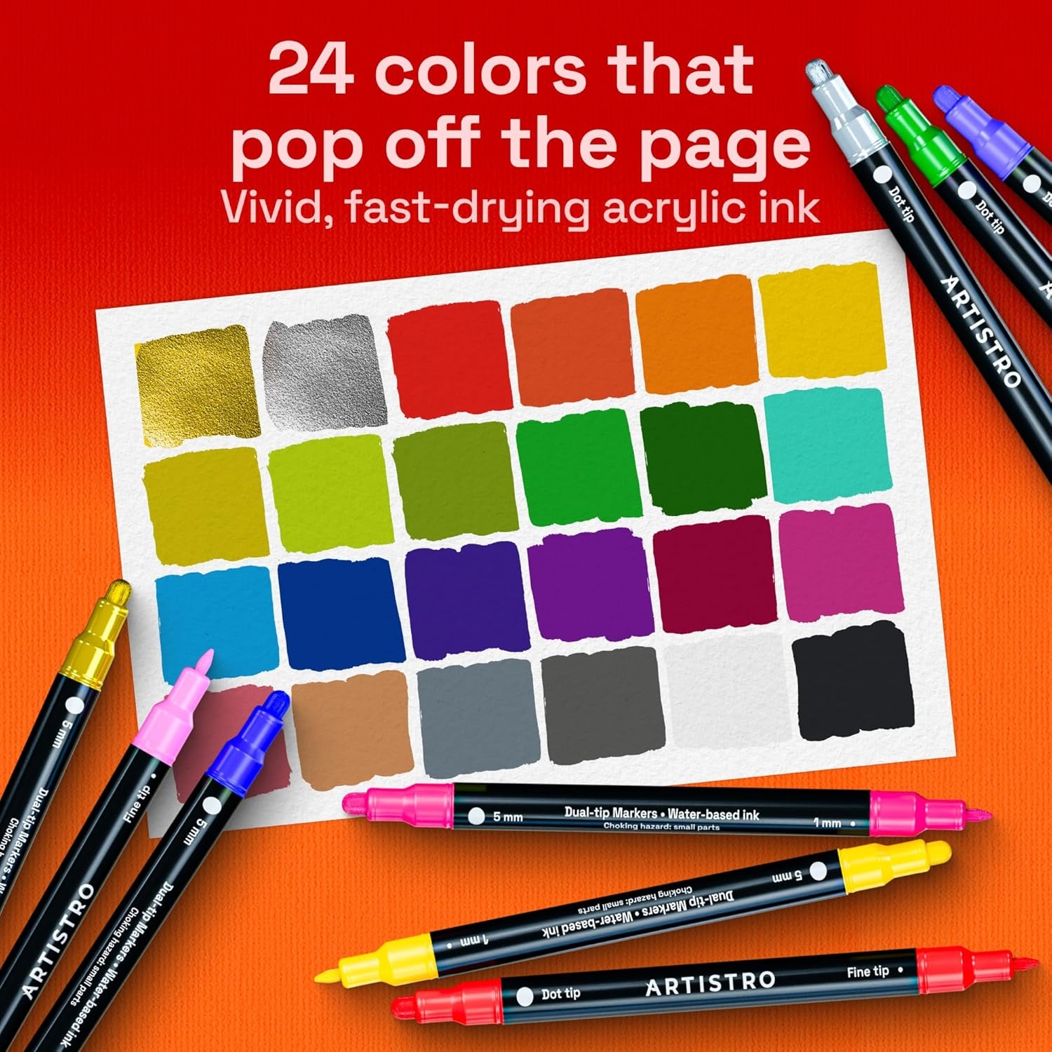 image:imageARTISTRO 24 Precision DualTip Acrylic Paint Markers  Paint Pens Set with Dot amp Fine Tips for Fabric Rock Glass Wood Coloring Books  Arts amp Crafts Gift  Classroom Must Haves amp School Supplies