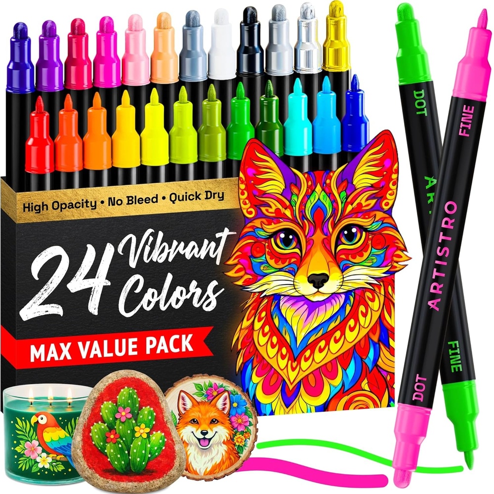 image:imageARTISTRO 24 Precision DualTip Acrylic Paint Markers  Paint Pens Set with Dot amp Fine Tips for Fabric Rock Glass Wood Coloring Books  Arts amp Crafts Gift  Classroom Must Haves amp School Supplies