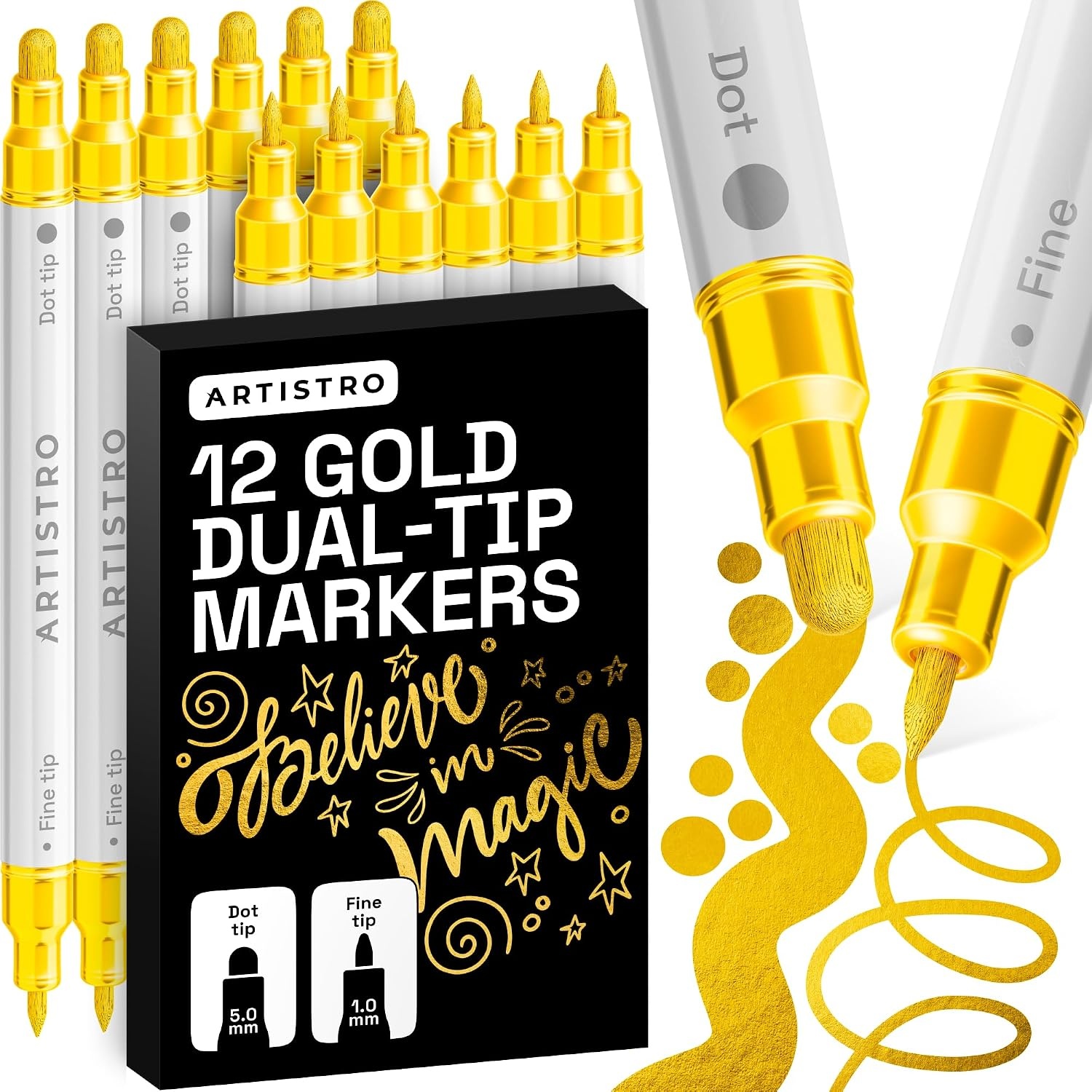 image:imageARTISTRO 12 Gold DualTip Acrylic Paint Markers  Paint Pens Set with Dot amp Fine Tips for Fabric Rock Glass Wood Coloring Books  Arts amp Crafts Gift  Classroom Must Haves amp School Supplies12
