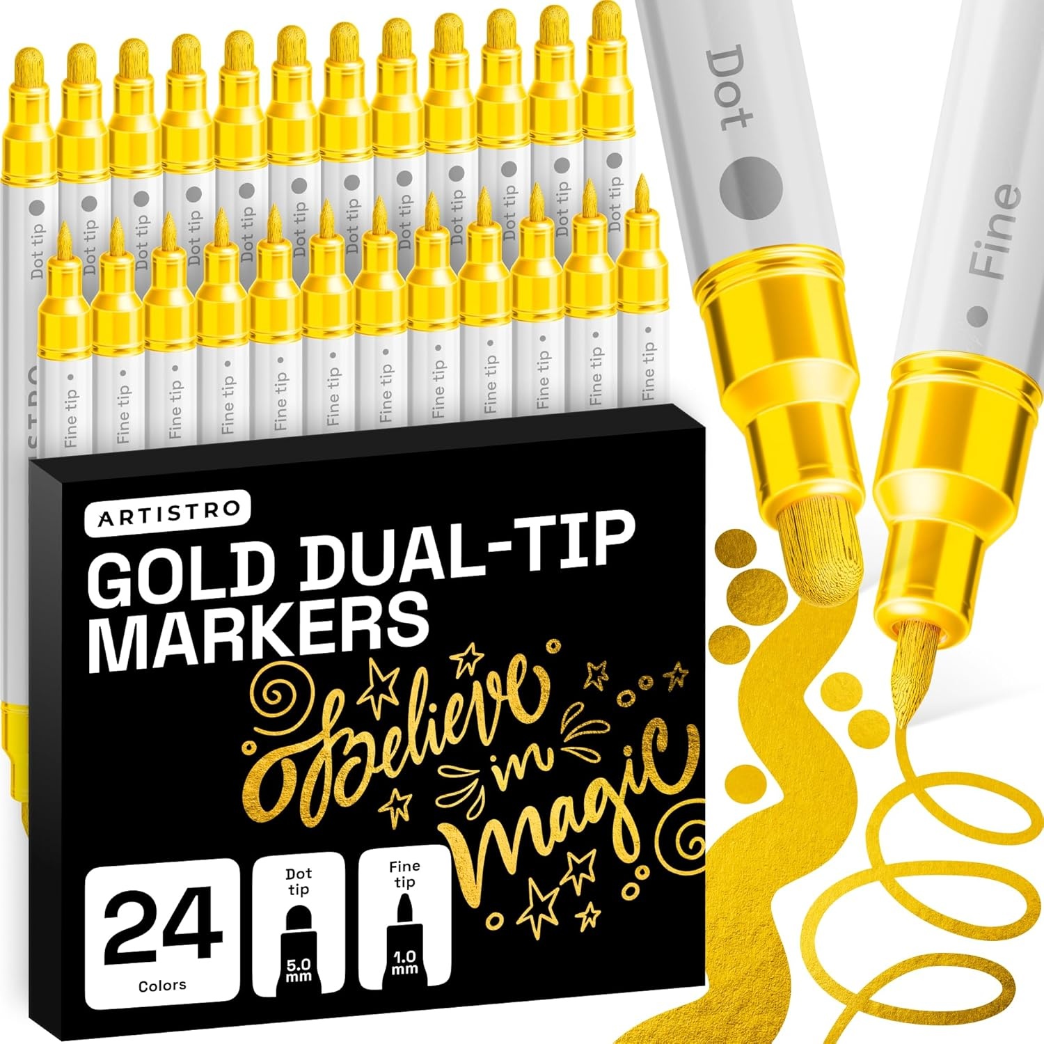 image:imageARTISTRO 12 Gold DualTip Acrylic Paint Markers  Paint Pens Set with Dot amp Fine Tips for Fabric Rock Glass Wood Coloring Books  Arts amp Crafts Gift  Classroom Must Haves amp School Supplies24