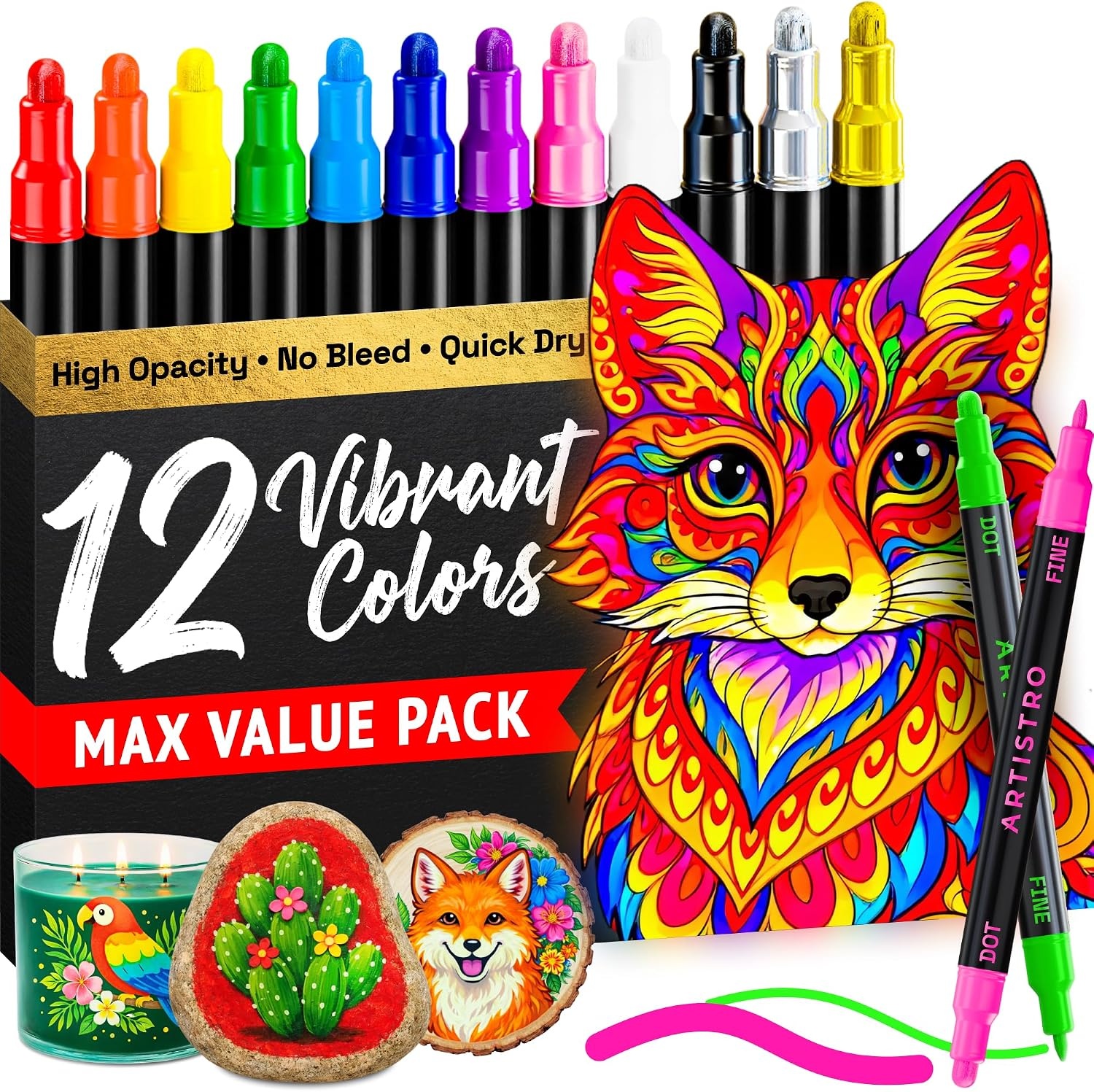 image:imageARTISTRO 12 Gold DualTip Acrylic Paint Markers  Paint Pens Set with Dot amp Fine Tips for Fabric Rock Glass Wood Coloring Books  Arts amp Crafts Gift  Classroom Must Haves amp School Supplies12
