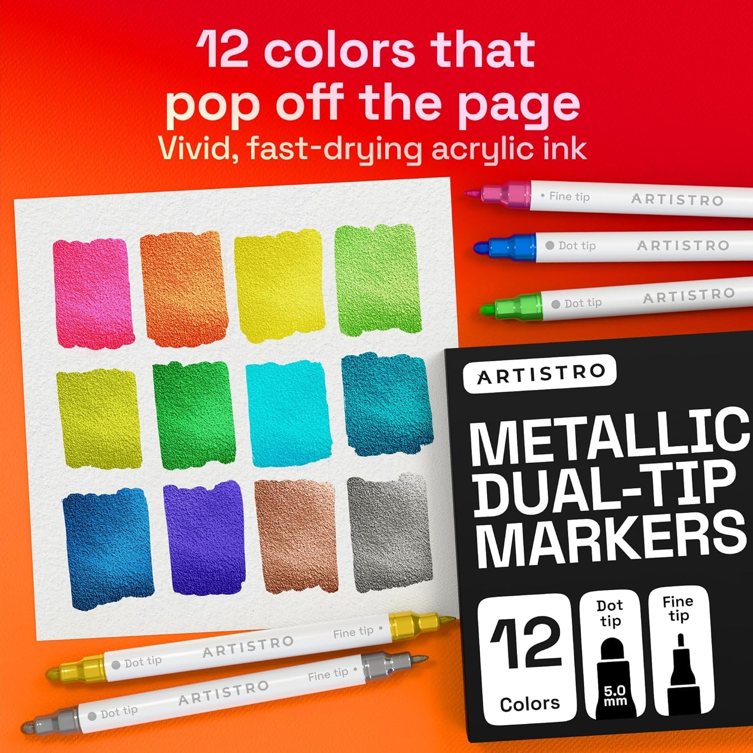 image:imageARTISTRO 12 Gold DualTip Acrylic Paint Markers  Paint Pens Set with Dot amp Fine Tips for Fabric Rock Glass Wood Coloring Books  Arts amp Crafts Gift  Classroom Must Haves amp School Supplies12