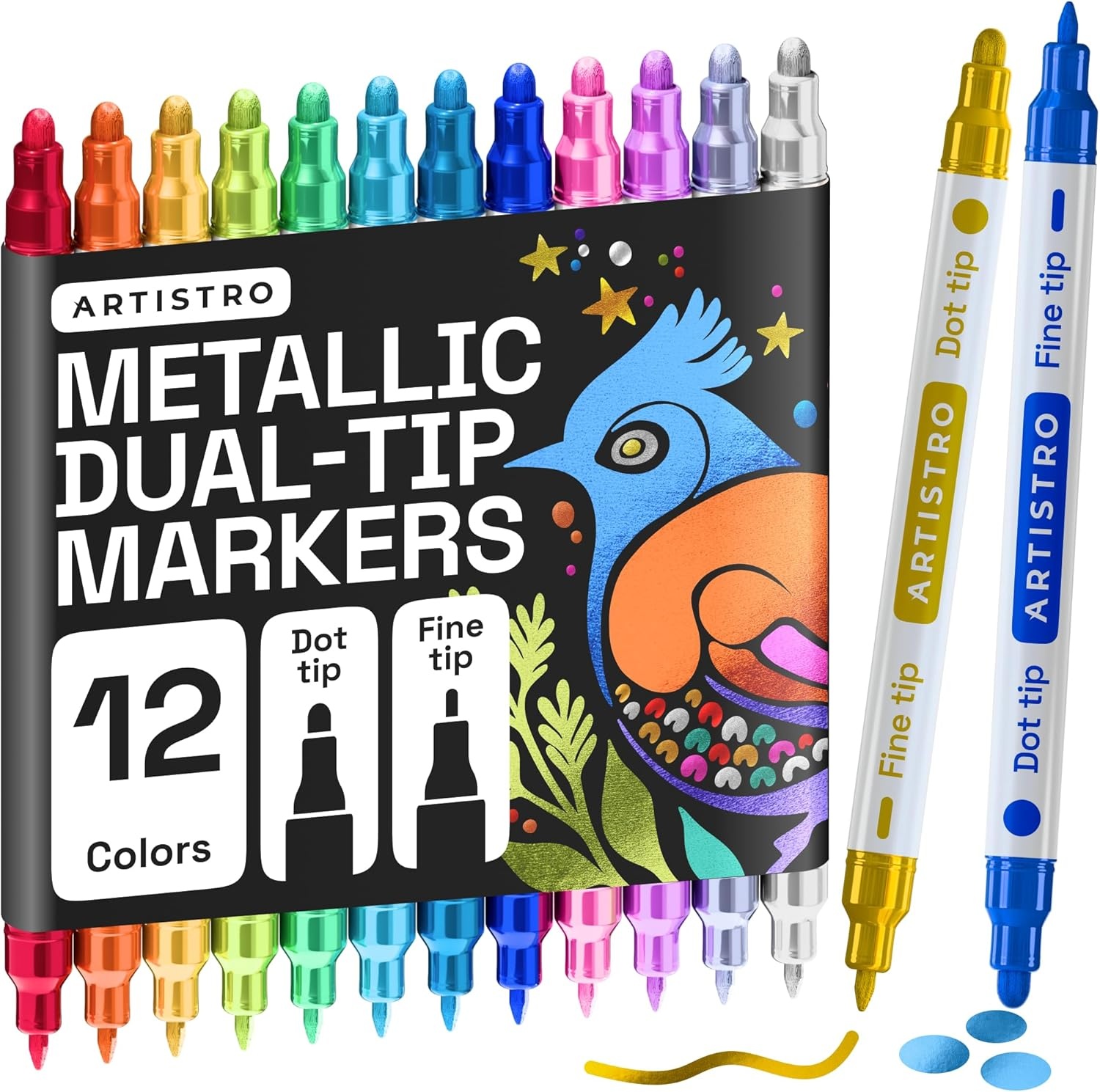 image:imageARTISTRO 12 Gold DualTip Acrylic Paint Markers  Paint Pens Set with Dot amp Fine Tips for Fabric Rock Glass Wood Coloring Books  Arts amp Crafts Gift  Classroom Must Haves amp School Supplies12