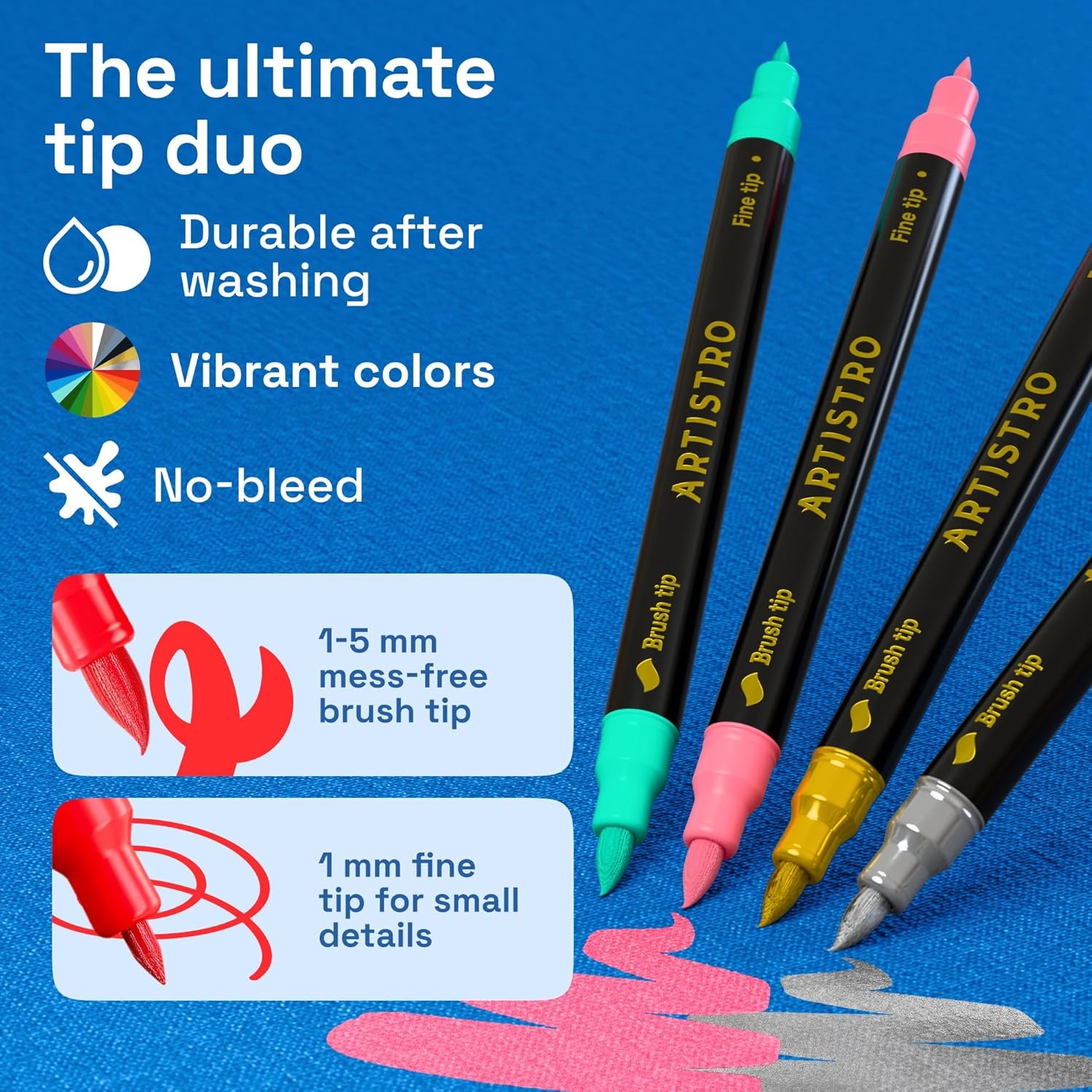 image:imageARTISTRO 120 DualTip Fabric Markers  Fabric Decorating Kit  Permanent for Clothes  Acrylic Paint Pens for Sneakers Bags Shoes Textile Canvas Sewing Craft DIY  Brush and Fine Tip