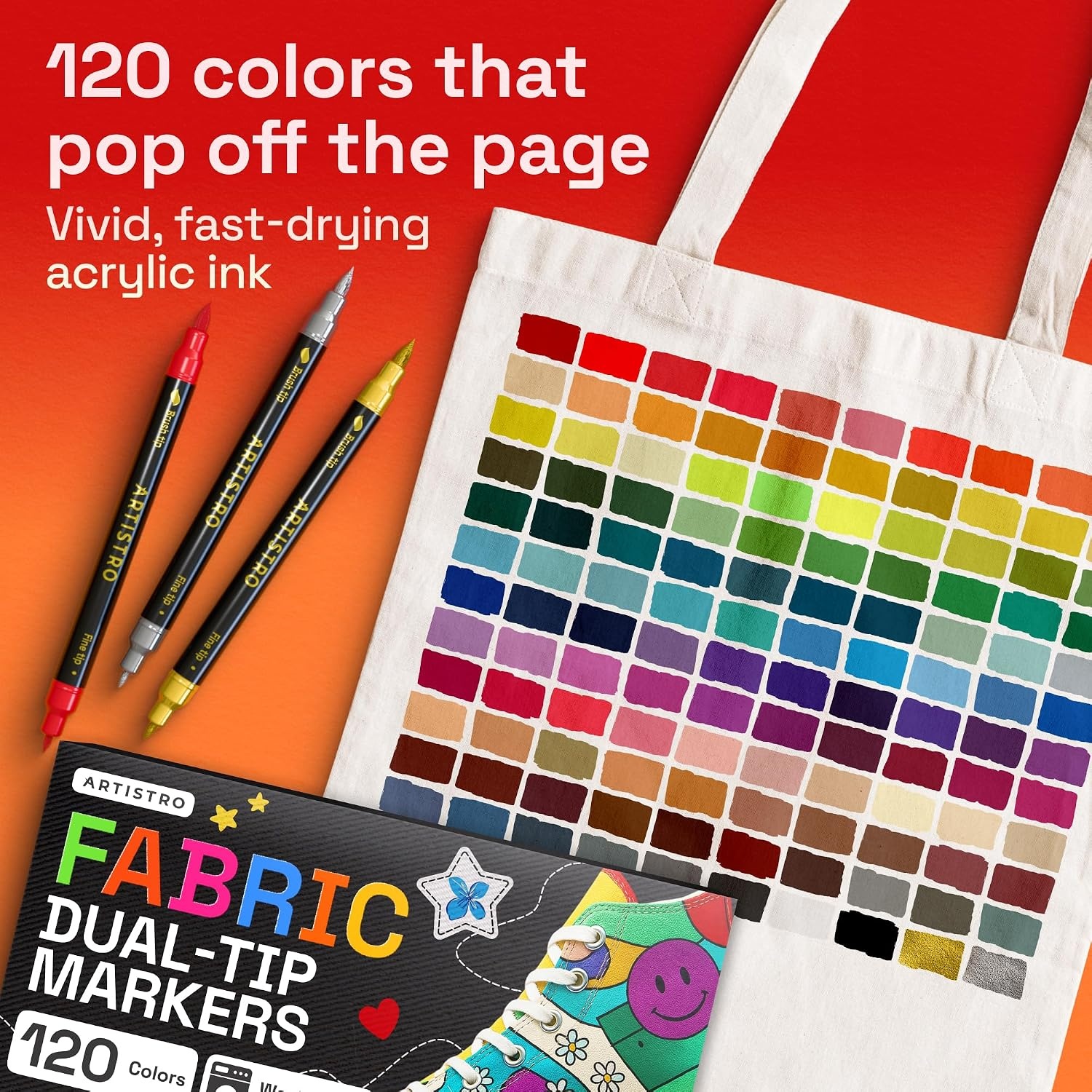 image:imageARTISTRO 120 DualTip Fabric Markers  Fabric Decorating Kit  Permanent for Clothes  Acrylic Paint Pens for Sneakers Bags Shoes Textile Canvas Sewing Craft DIY  Brush and Fine Tip