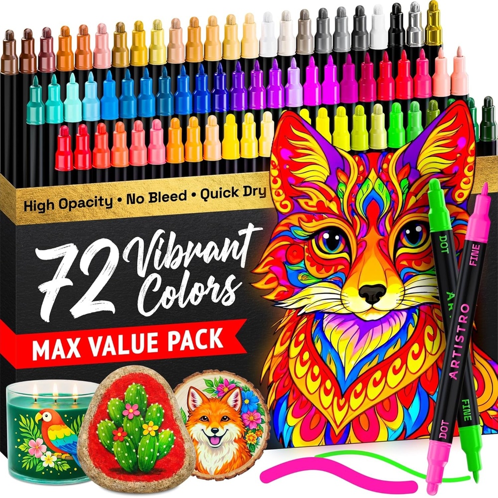 image:imageARTISTRO 72 Precision DualTip Acrylic Paint Markers  Paint Pens Set with Dot amp Fine Tips for Fabric Rock Glass Wood Coloring Books  Arts amp Crafts Gift  Classroom Must Haves amp School Supplies